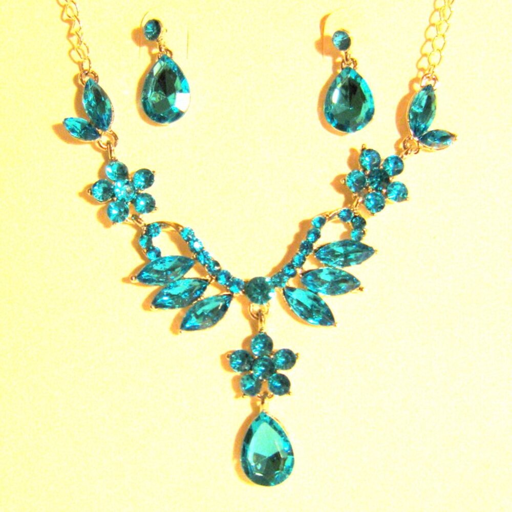 Floral Teal Austrian Crystal Rhinestone Set